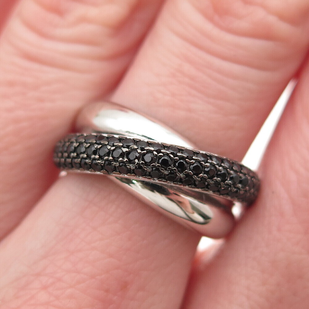 925 Sterling Silver Real Round-Cut Black Spinel Crisscross Ring Size 6.5